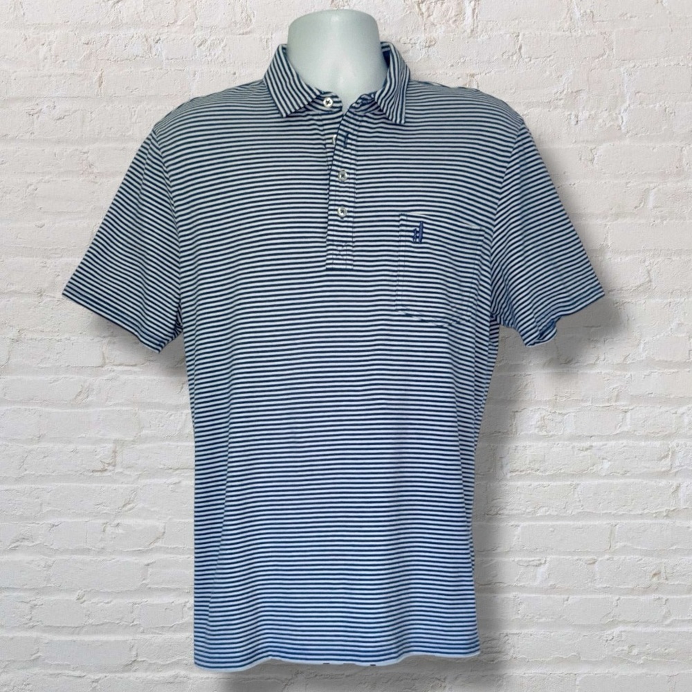 Johnnie-O Hangin’ Out Polo Shirt XL Slim Fit Blue White Striped Pocket Stretch